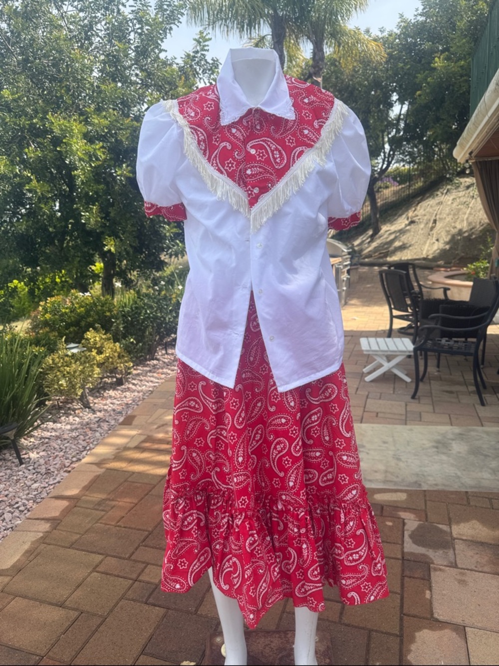 vintage bandana-patterned red and white square dance outfit White Fringed Yoke